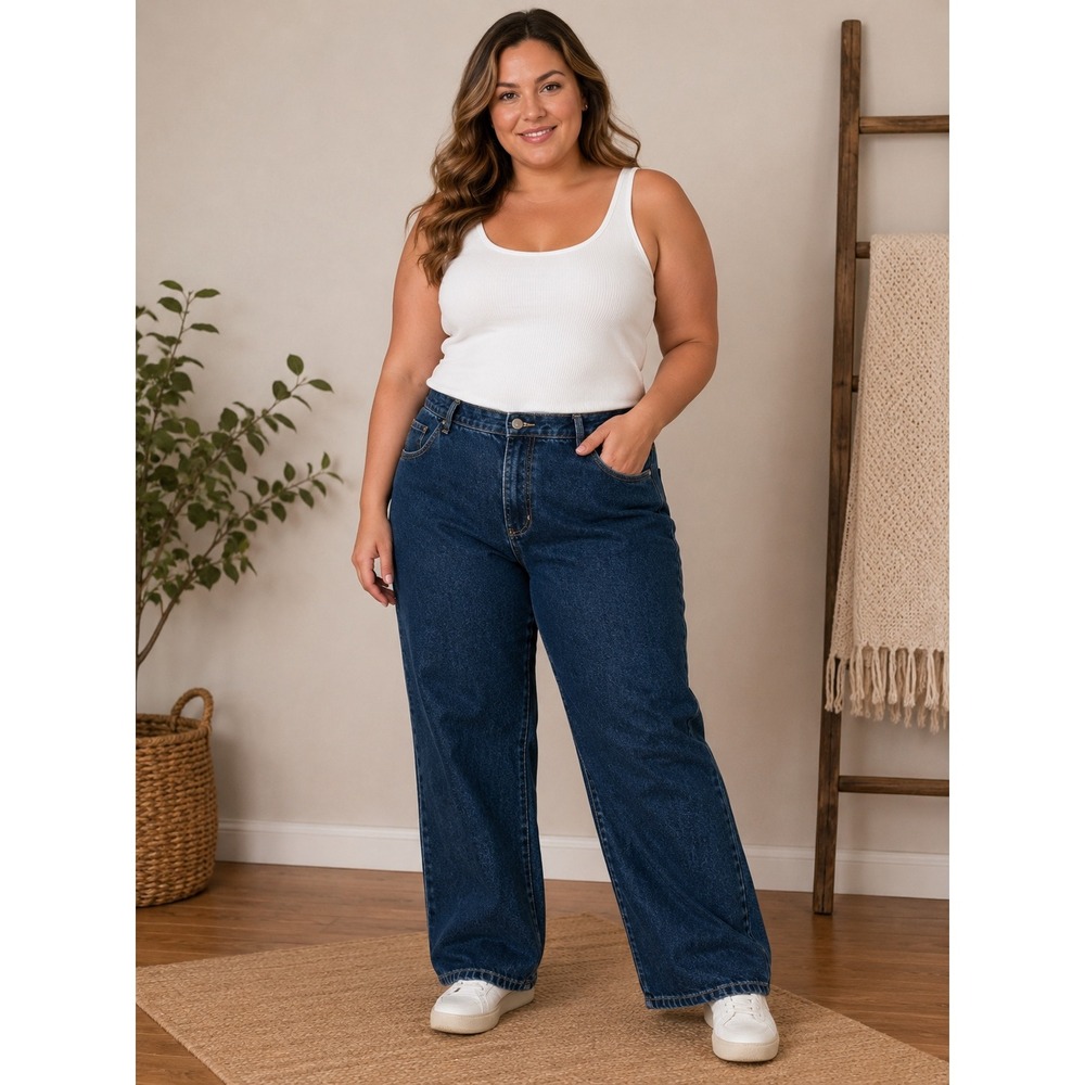 French Navy Petite Wide Leg Jeans Dark Wash High Waisted Denim Size 13/14 32